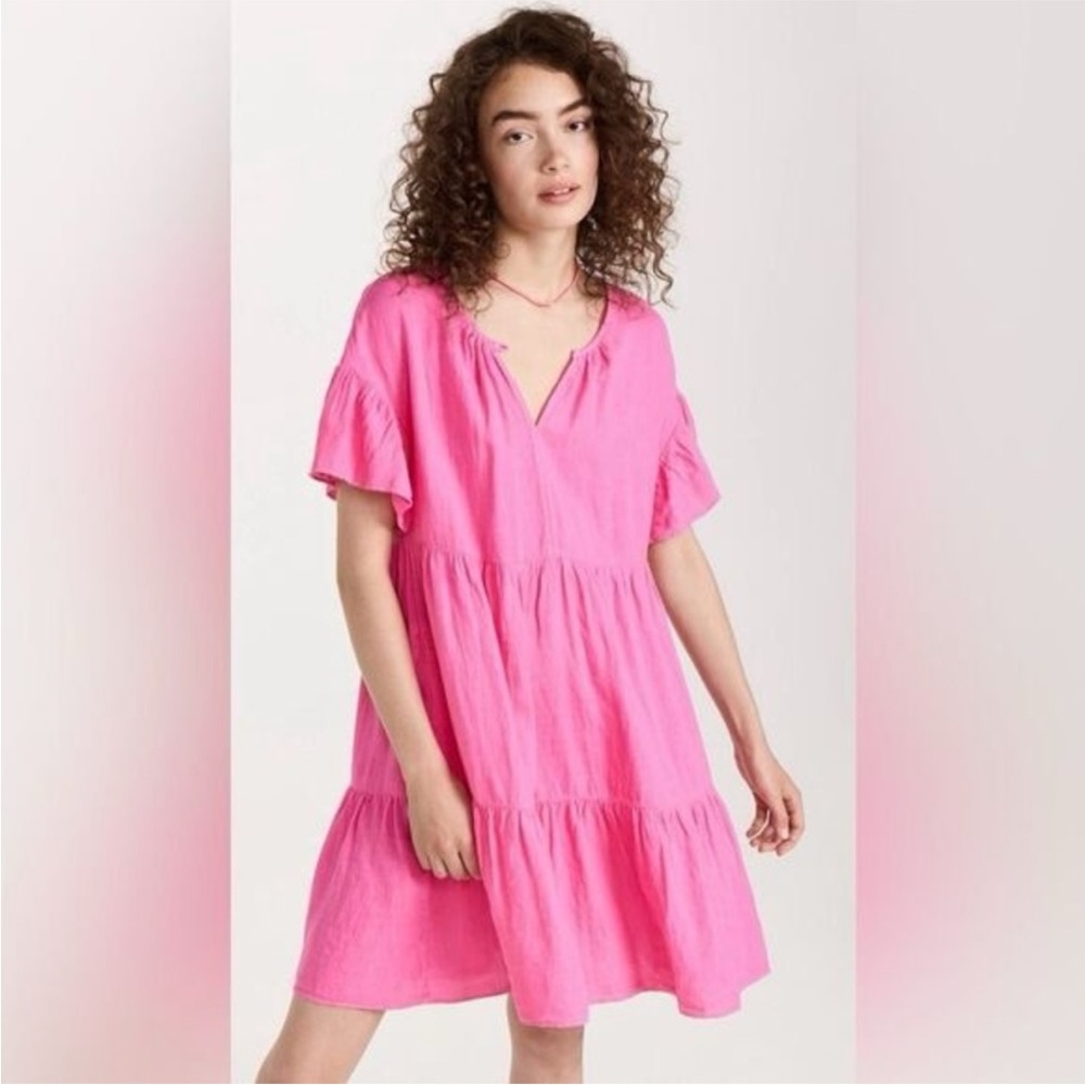 Velvet Noor‎ Linen Ruffle Mini Dress in Tahini Pink Sz M oversized fit C25